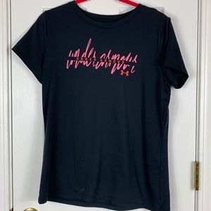 Under Armour black short sleeved tee shirt size medium. Lettering in pink